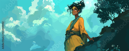 Young woman standing on a mountain cliff, wearing yellow robe, under blue sky with clouds.