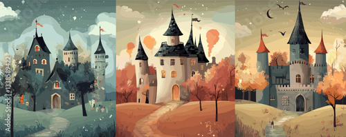 Whimsical castles in fantasy landscapes with autumn trees and night sky.