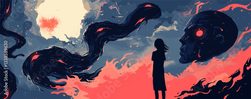 Mysterious silhouette facing eerie night with dark clouds and glowing eyes.