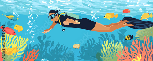 Woman snorkeling underwater with colorful fish and coral reefs in vibrant ocean scene.