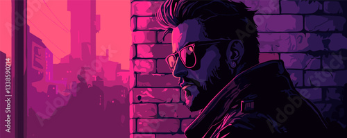 Cool man in sunglasses at sunset in futuristic cityscape with neon pink and purple hues.