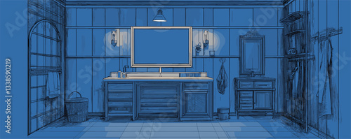 Vintage blue bathroom interior with wooden vanity and mirror design sketch.