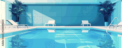 Modern indoor pool with lounge chairs and tropical plants in minimalist design.