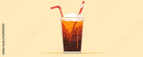 Refreshing cold cola with red and white straws in glass against light yellow background.