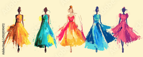 Vibrant fashion sketches of women in colorful dresses and dynamic poses on light background.