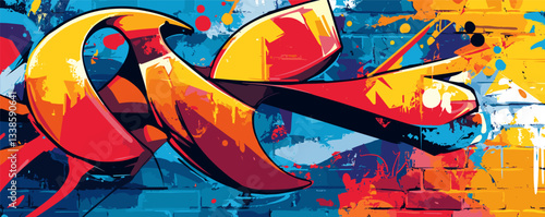 Vibrant abstract street art mural on urban brick wall with bold colors and dynamic shapes.