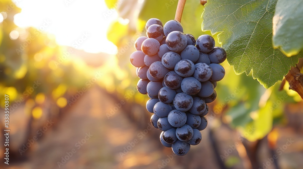 Fototapeta premium Sunlit red grapes hanging on vine in vineyard