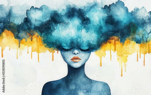 Abstract illustration of mental health, illness, depression, and isolation. A digital painting of a woman with a colorful cloud above her head.