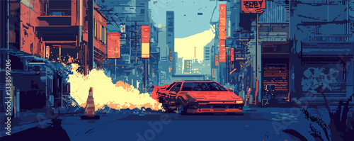 Retro-futuristic city escape with racing car in pixel art style.