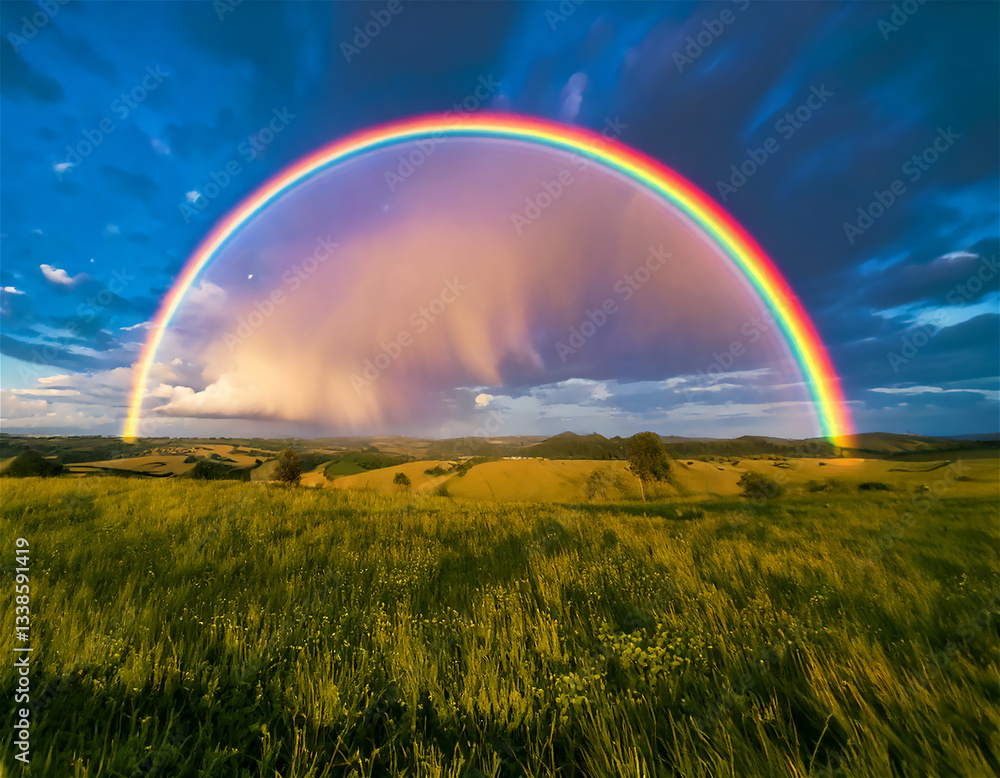 Rainbow over the Spring meadow in warm evening light Rainbow over the Spring meadow in warm evening light