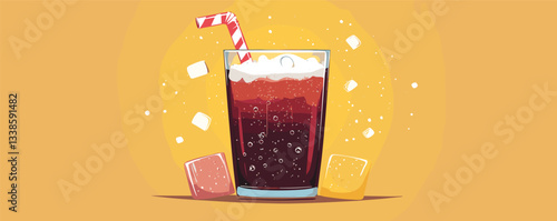 Refreshing cola beverage with straw and ice cubes on yellow background.