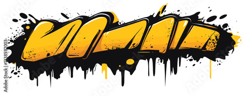 Bold yellow and black graffiti design with dynamic splatter effect.