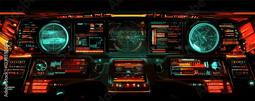 Futuristic spaceship cockpit with multiple glowing screens and complex data displays.