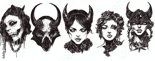 Illustrated gothic female portraits with horns and floral elements in black ink style.
