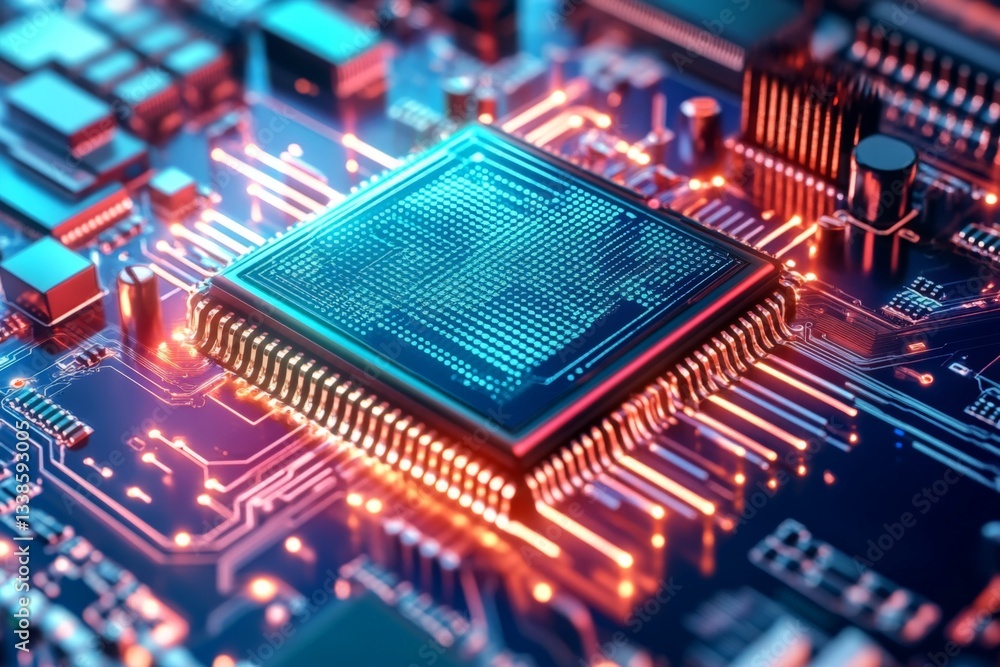 Exploring the intricate details of a modern microprocessor on a circuit board at a tech facility Exploring the intricate details of a modern microprocessor on a circuit board at a tech facility