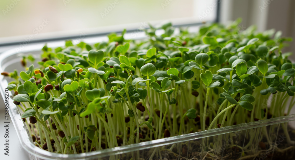 Fresh microgreens growing in plastic container, lush and vibrant, healthy food choice, near window, copy space Fresh microgreens growing in plastic container, lush and vibrant, healthy food choice, near window, copy space