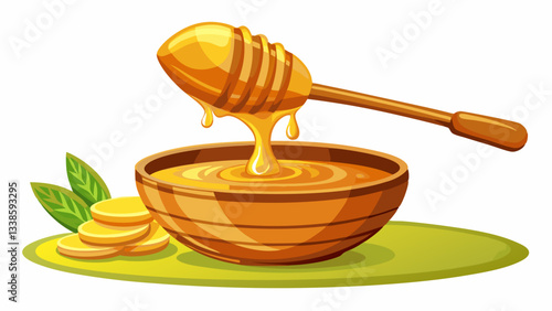 Fresh honey dripping from a wooden dipper into a bowl on a bright transparent background, Fresh honey purring in a bowl on a transparent background