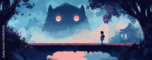 Silhouetted child confronts giant mystical creature on a bridge at dusk.