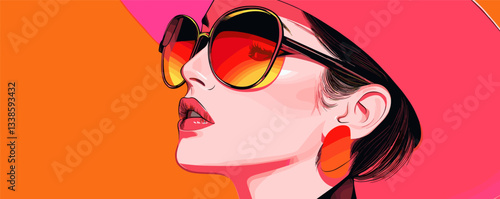 Stylish woman in bold sunglasses and pink hat against vibrant orange background.