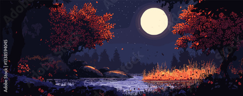 Tranquil night landscape with full moon over lake and autumn foliage.