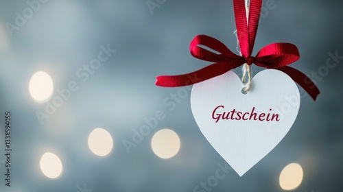 hanging paper gift voucher in form of heart with red bow