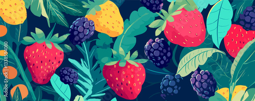 Colorful pattern of strawberries, blackberries, and leaves on a dark background.