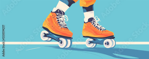 Person roller skating on smooth surface with orange inline skates on calm, sunny day.