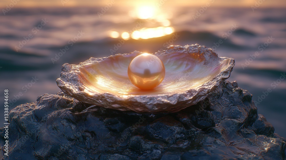 custom made wallpaper toronto digitalSunrise illuminates a pearl nestled in an iridescent oyster shell atop a dark rock, ocean backdrop