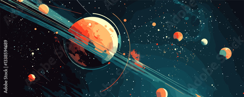 Colorful abstract illustration of planetary system with rings and stars.