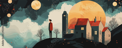 Man in red coat standing on hill under starry sky with large moonlit village scene.