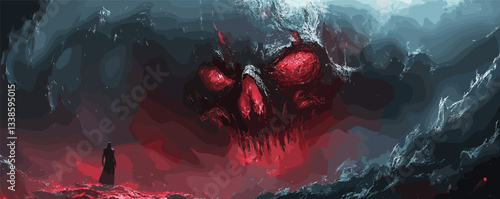 Mysterious figure facing gigantic skull in dark fantasy landscape.