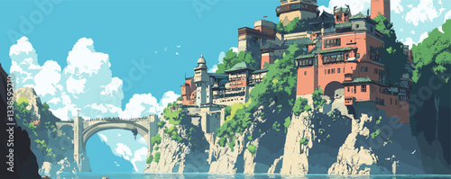 Fantasy cliffside city with majestic bridge over calm waters in vivid daylight.