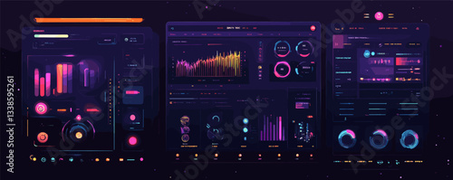 Futuristic dark mode ui dashboard with neon graphics and interactive data visualizations.
