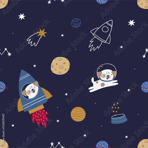 Cute cartoon dog in space - vector illustration. Collection of dogs astronauts on rockets, ufo, planets and stars. Space adventure - seamless pattern