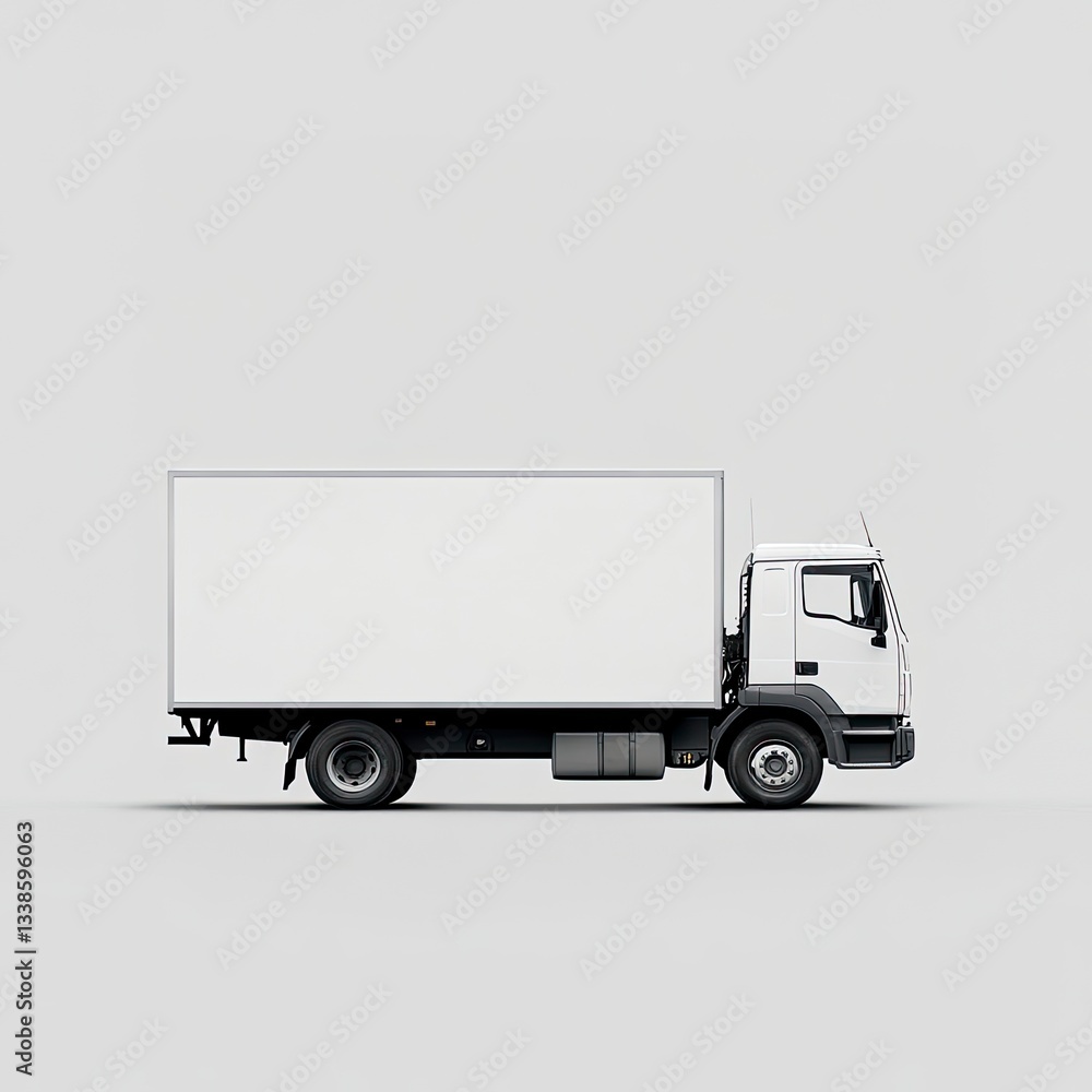 Side profile of a white box truck on a light grey background. Side profile of a white box truck on a light grey background.