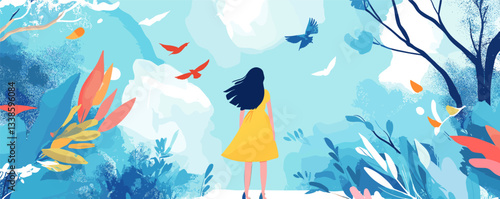 Woman in yellow dress gazing at birds in vibrant nature scene with colorful plants.