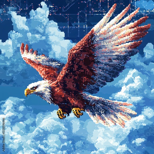 Pixel art sticker logo of a pixel robotic eagle soaring through a digital sky photo