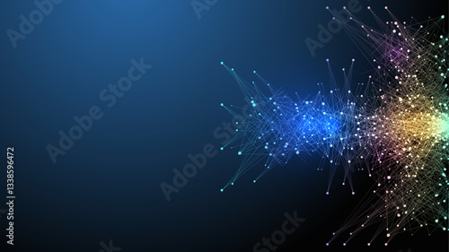 Scientific vector illustration quantum computer technology. Plexus fiction effect. Deep learning artificial intelligence. Big data algorithms visualization. Quantum explosion background.