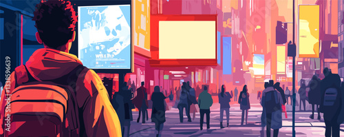 Colorful urban scene with backturned figure and bright billboards in a busy cityscape.