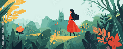 Woman in red dress walking in lush green landscape with castle in background.