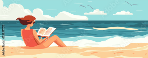 Relaxed woman reading book on tranquil beach with waves and cloudy sky.