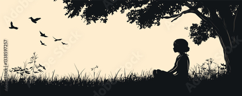 Silhouette of a young girl sitting under tree watching birds in tranquil nature scene.