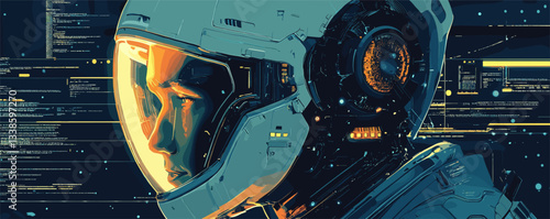 Astronaut in futuristic spacesuit with digital interfaces in deep space.