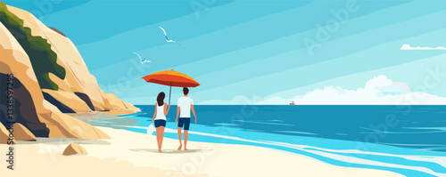 Couples stroll on sunny beach with umbrella and seagulls in clear blue sky.
