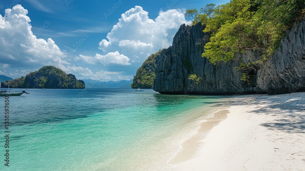 Obraz premium Serene Tropical Beach with Turquoise Water and Lush Green Cliffs