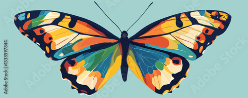 Vibrant multicolored butterfly on light blue background with intricate wing patterns.