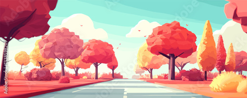 Vibrant autumn landscape with colorful trees lining a quiet road under a clear blue sky.