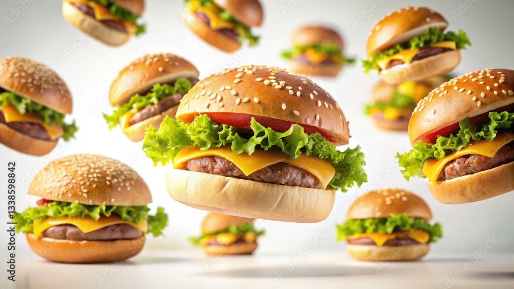 High-resolution close-up: Flying burger bun bottoms against a stark white backdrop, showcasing exquisite HD depth of field. High-resolution close-up: Flying burger bun bottoms against a stark white backdrop, showcasing exquisite HD depth of field.