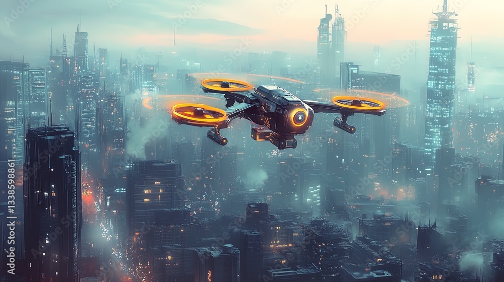 Naklejka premium An advanced drone delivery system in motion over a vibrant, futuristic cityscape 