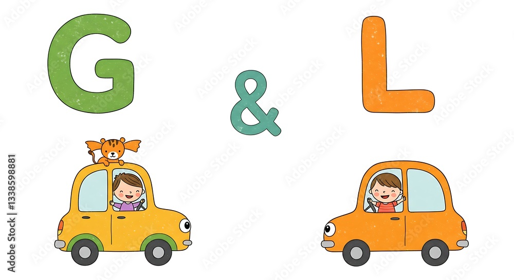 Naklejka premium Kids Driving Cars Illustration with Letters G and L Cute Artwork